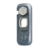 A clear plastic toddler cabinet safety lock set with a hexagonal opening and a round cutout.