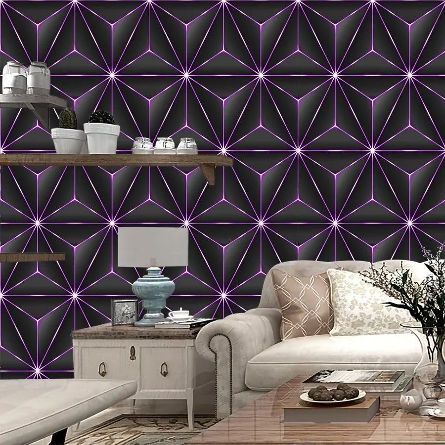 Dunklpurpener geometische Vinylwanddekal mit miteinander verbundenen Dreiecken in einem Wohnzimmerambiente.