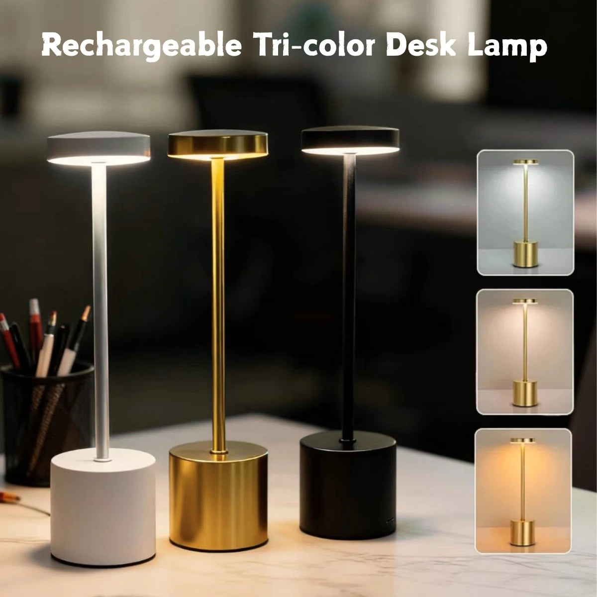 Three rechargeable tri-color desk lamps in silver, gold, and black sitting on a white surface.
