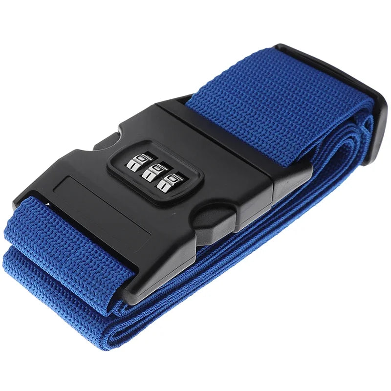 A black adjustable luggage strap with a blue fabric band and a password lock feature.