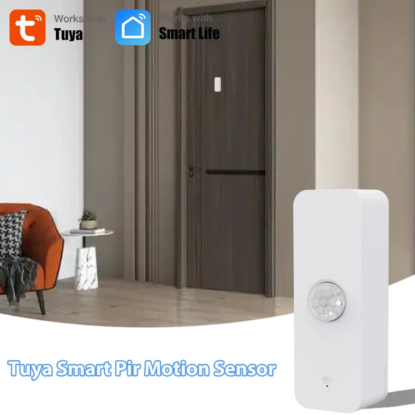 A white Tuya Smart PIR motion sensor device shown next to a closed door.