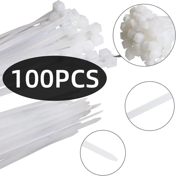 A collection of 100 white heavy duty nylon cable ties shown in various forms, including loose pieces and bundled strands.