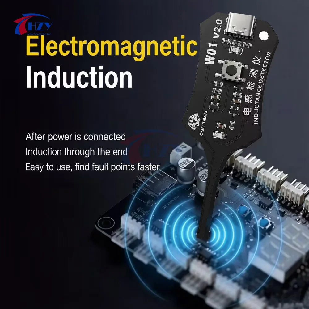A black electromagnetic induction device is shown detecting faults on an electronic circuit board.