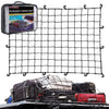 Black heavy-duty cargo bungee net stretched over a vehicle's roof.