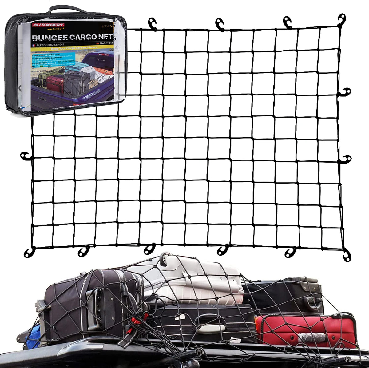 Black heavy-duty cargo bungee net stretched over a vehicle's roof.