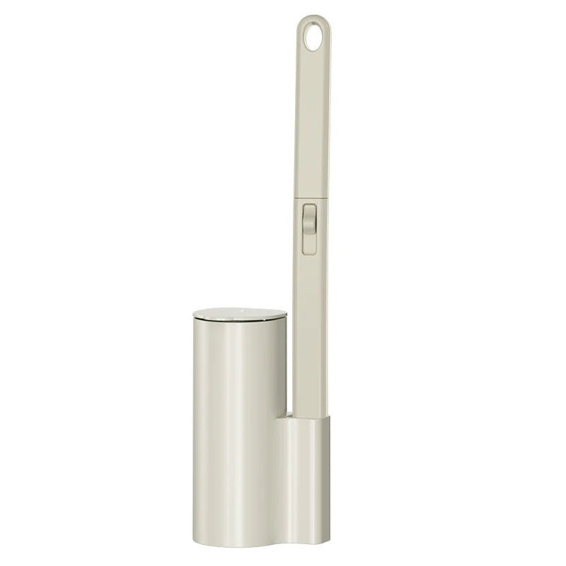 A tall, beige dual-use wall and stand toilet brush set with a long handle.