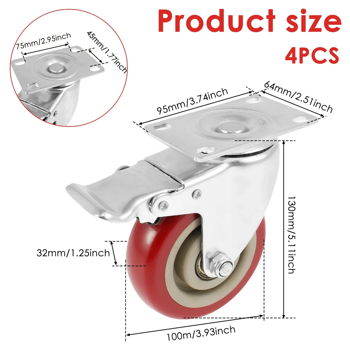 Four heavy duty 360 degree swivel furniture caster wheels in silver and red.