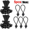 Five packs of heavy duty black elastic ball ropes, 10cm long, for tent and tarpaulin tie-downs.