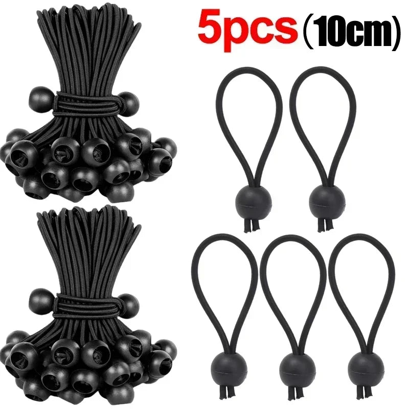 Five packs of heavy duty black elastic ball ropes, 10cm long, for tent and tarpaulin tie-downs.
