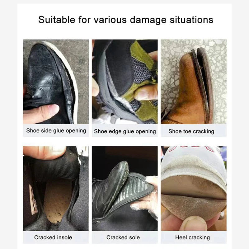 Gros plans montrant divers dégâts sur des chaussures, incluant ouvertures et fissures, réparables.