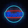 A glowing blue and red neon sign shaped like a stylized letter G with a plus sign on a dark background.