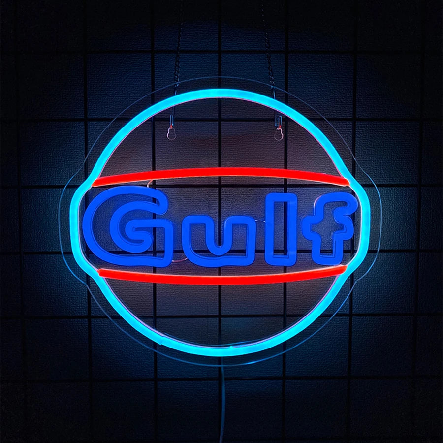 A glowing blue and red neon sign shaped like a stylized letter G with a plus sign on a dark background.