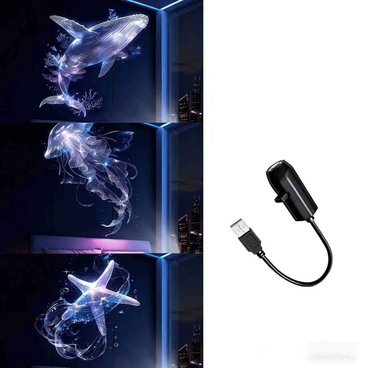 Proyector LED multicolor con patrones de peces y estrellas de mar brillantes en fondo oscuro.