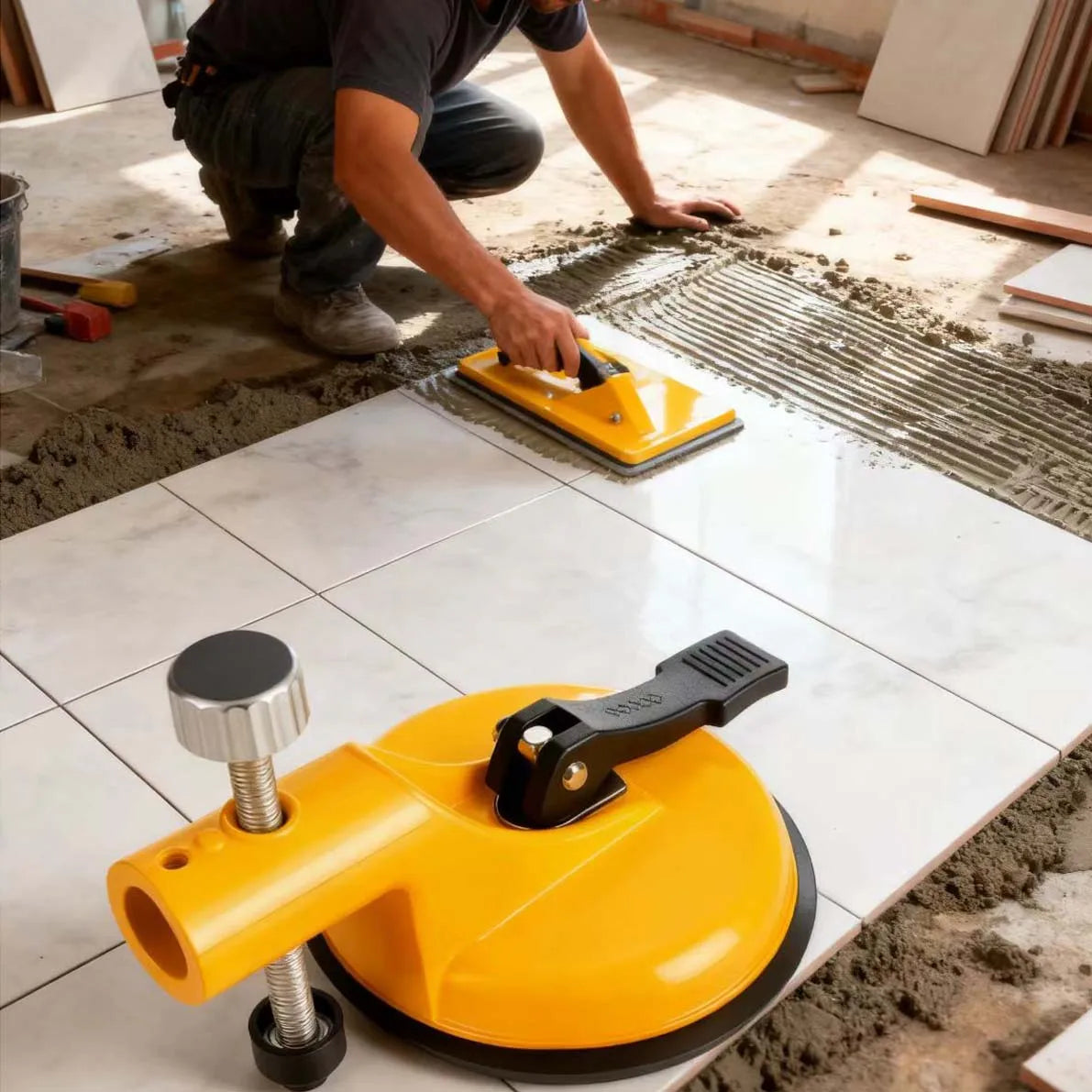 A person uses a yellow heavy duty wall tile leveler with a suction cup to smooth a white tile surface on the floor.