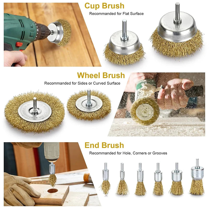 A set of three wire brushes including a cup brush, wheel brush, and end brush for metal cleaning and surface preparation.