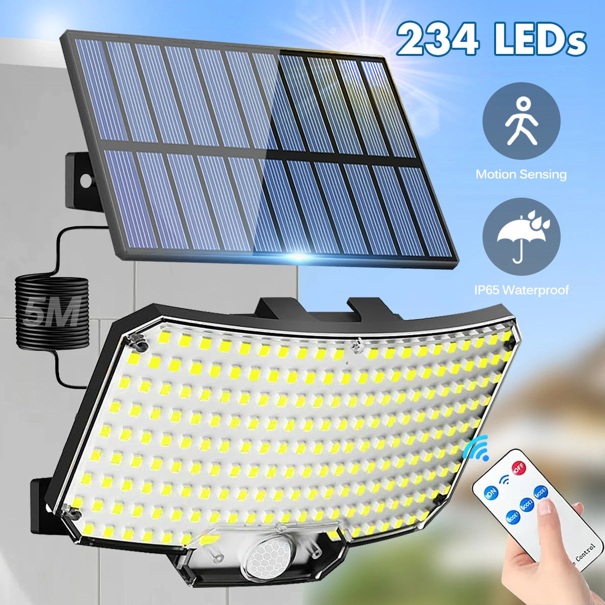 Panel de luz inundadora LED con sensor de movimiento solar y 234 LEDs montado en la pared.