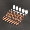 A set of plasma cutter consumables including white ceramic nozzles and brass inserts.