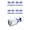 A set of white and blue rotating water filters for faucets, including a silver metal filter head.
