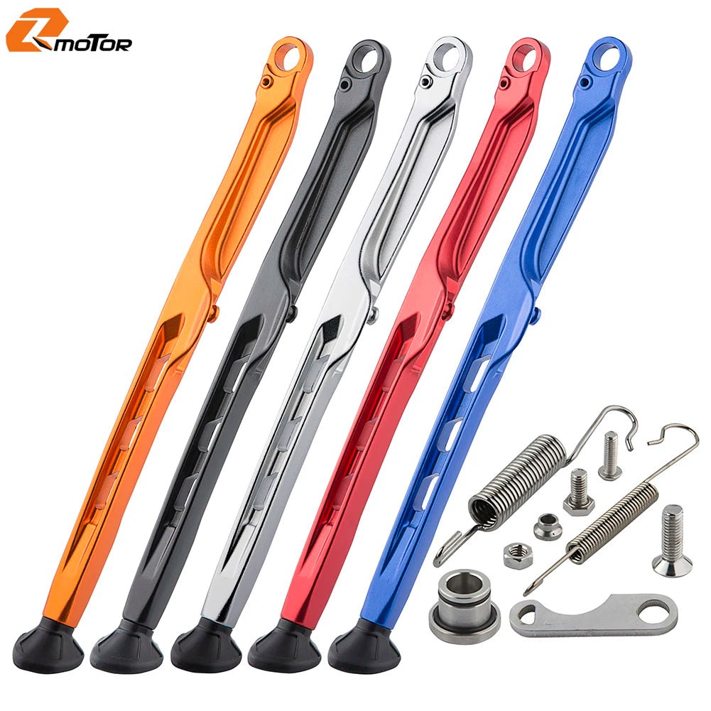 A set of five motorcycle side stand kickstand kits in various colors including orange, black, silver, red, and blue.
