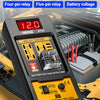 An ENG relay detector device with a digital display and testing functions is shown on a yellow car engine bay.