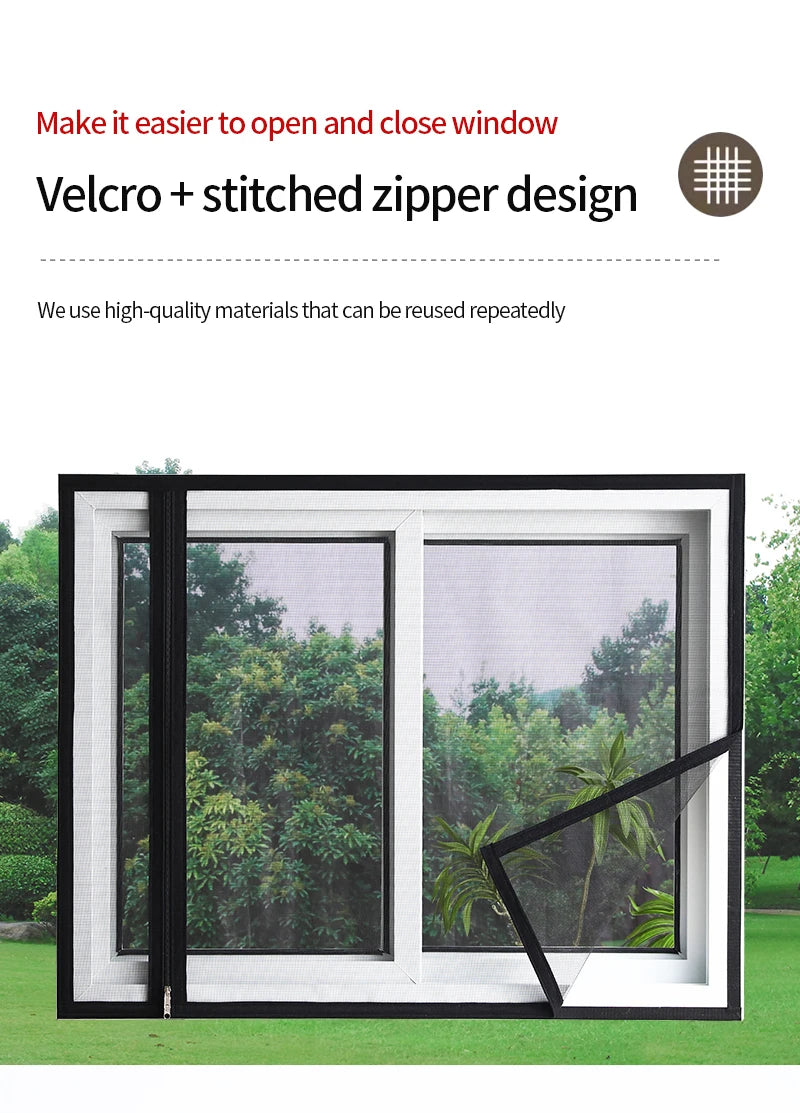 A black window frame with a mesh screen and Velcro zipper design shown outdoors.