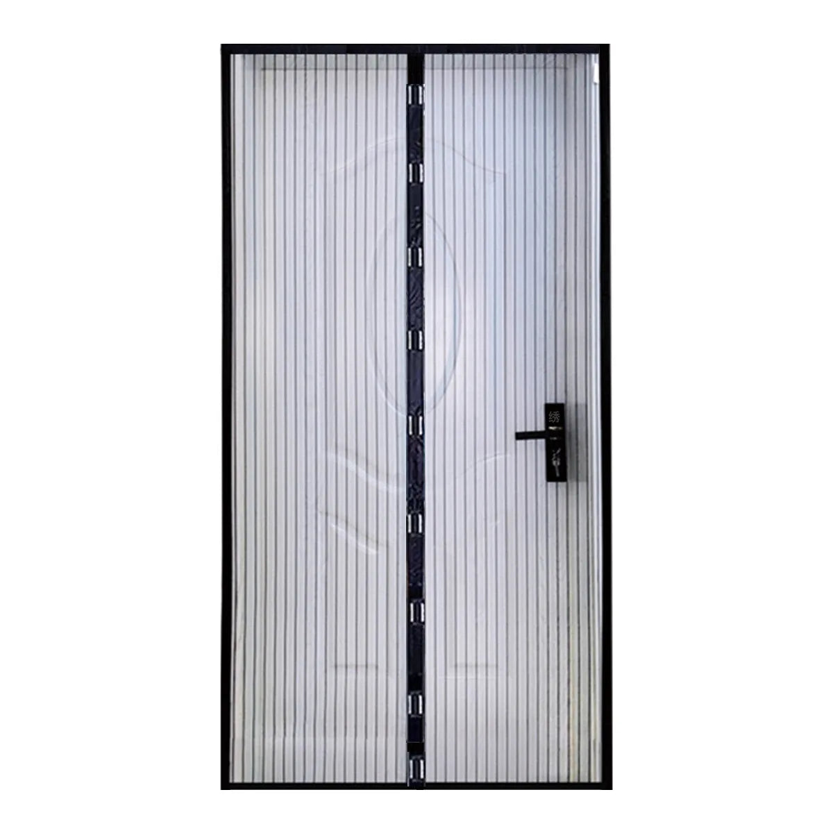 A vertical, sliding mesh door screen with a black frame and a handle for insect protection.
