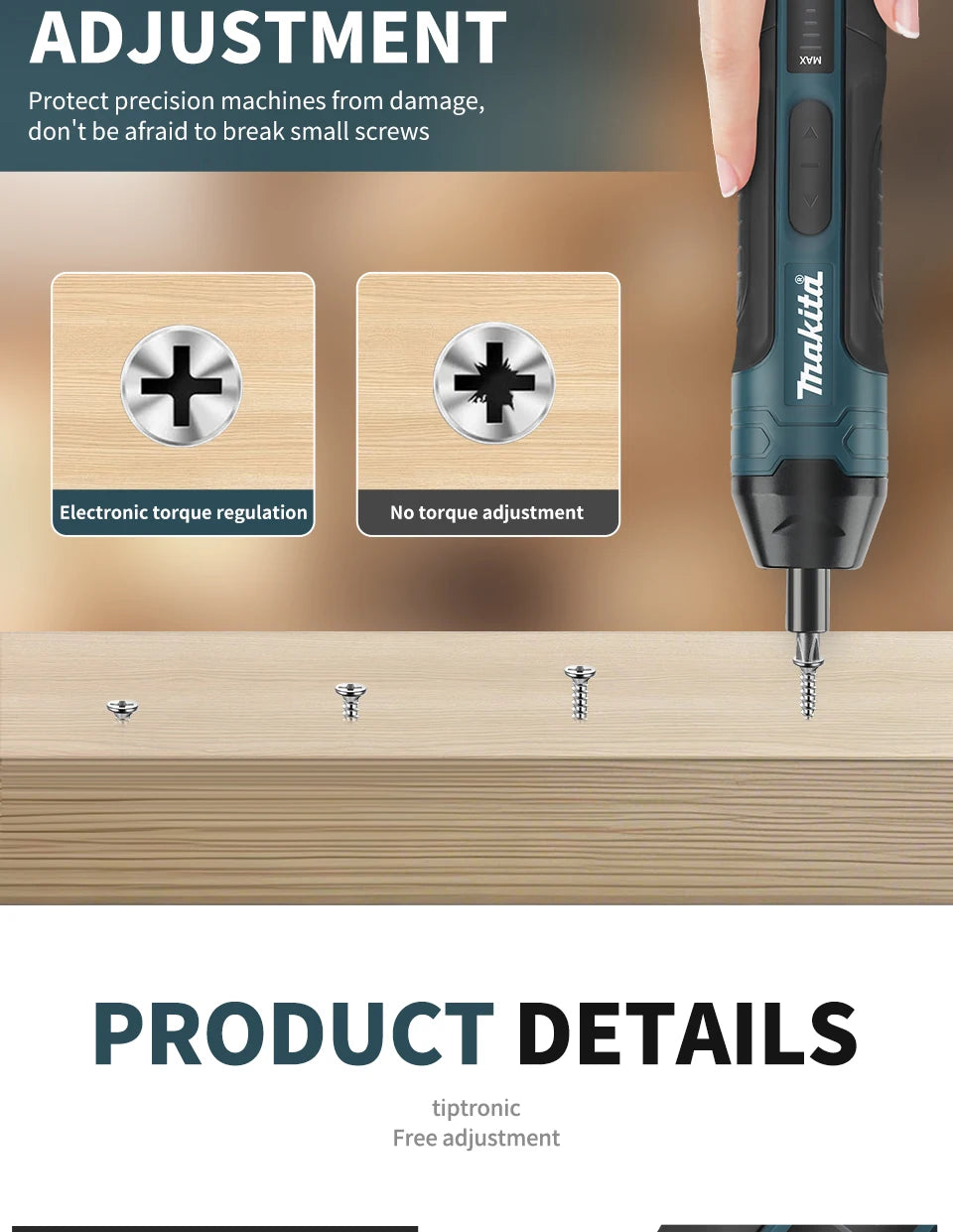 A Makita electric screwdriver tool demonstrating electronic torque regulation and adjustment features on a wooden surface.