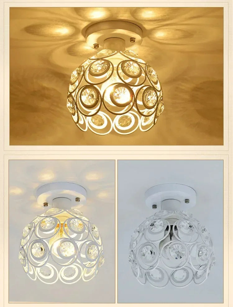 A crystal LED chandelier lamp with a multifaceted globe design hanging from a ceiling.