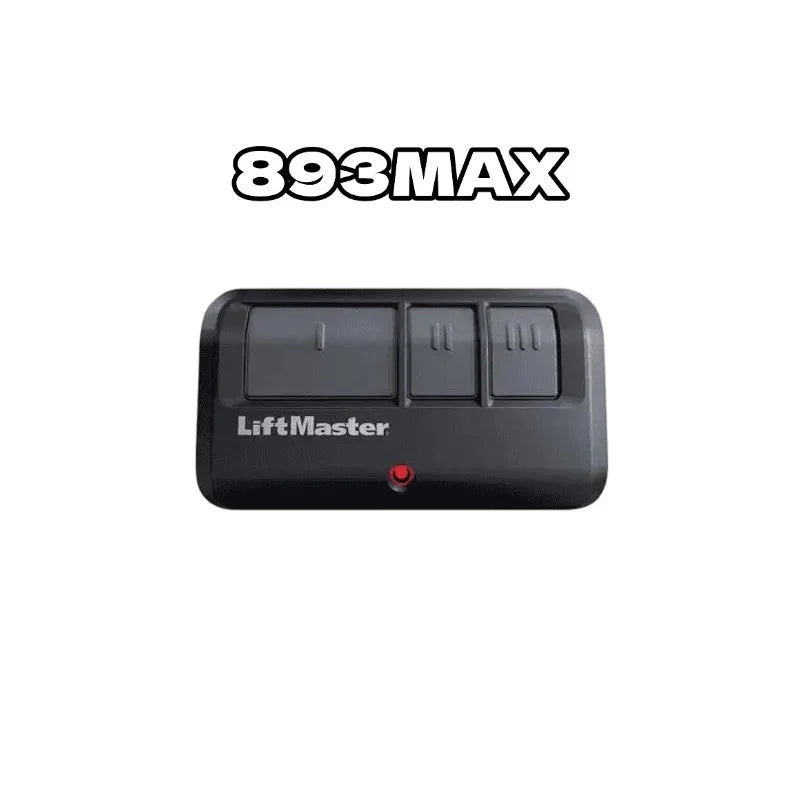 A black LiftMaster receiver kit with three buttons and a red indicator light.