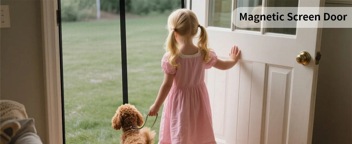 A young girl in a pink dress is interacting with a magnetic screen door on a white door frame.