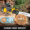 A yellow electric chainsaw is shown cutting a log, demonstrating 6 inches of cut per second.