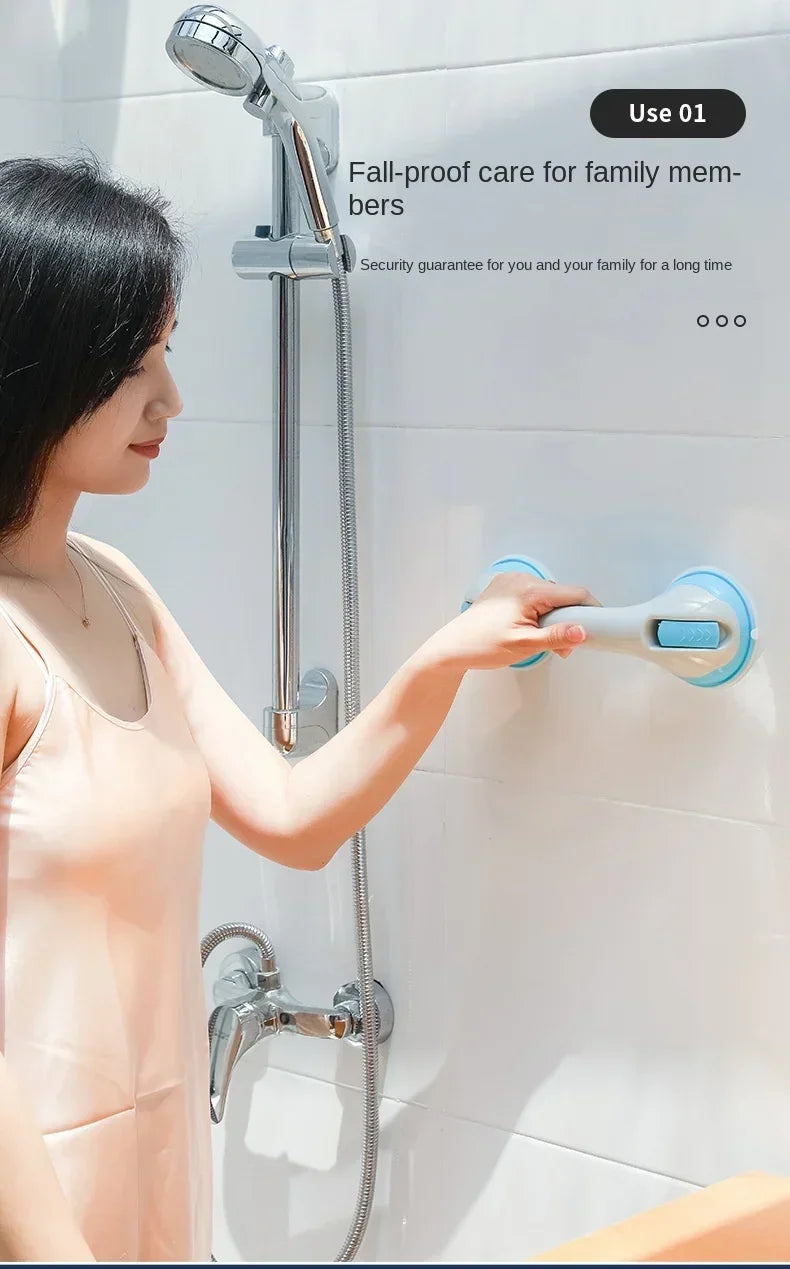A woman is using a silver shower grab bar and handrail for fall-proof care in a bathroom.