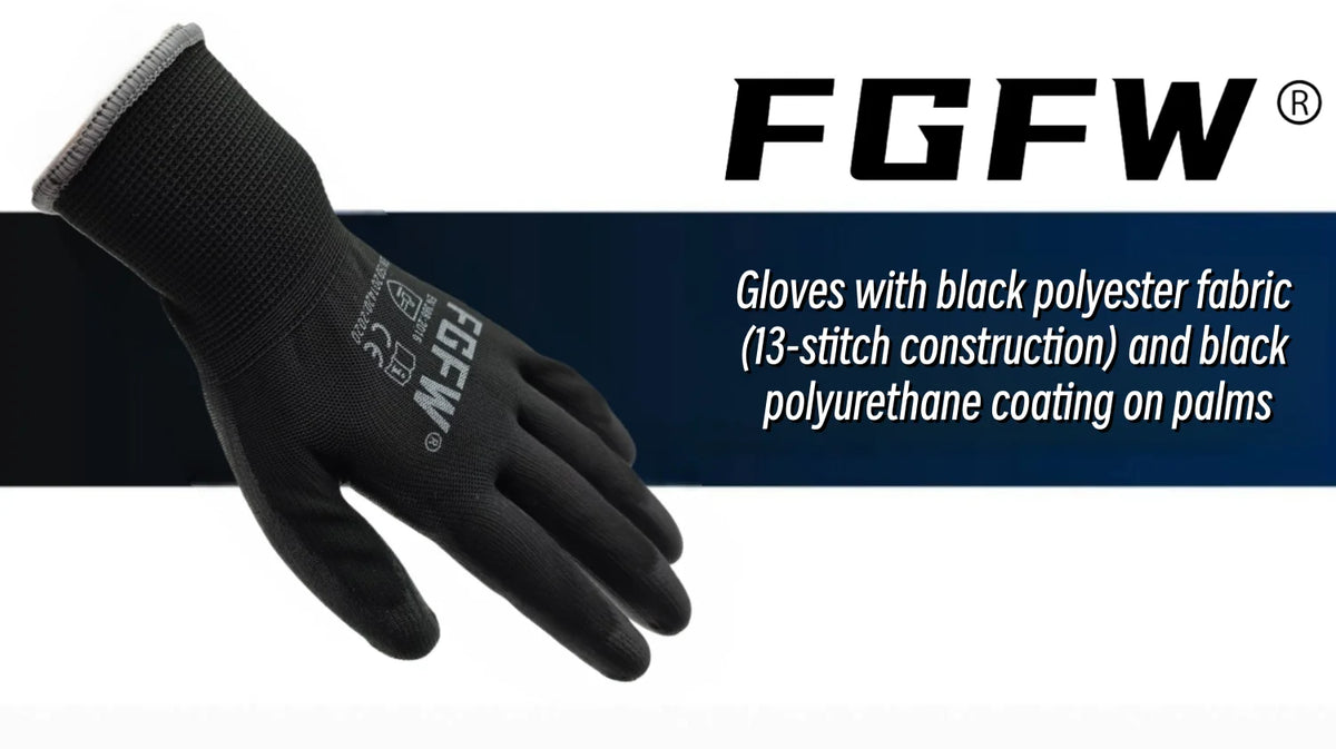 A black FGFW work glove showing the palm side, featuring a polyester fabric and polyurethane coating.