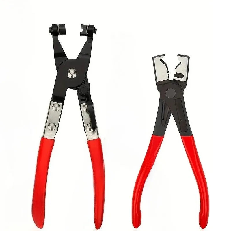 A pair of professional hose clamp pliers with black and red handles shown against a white background.