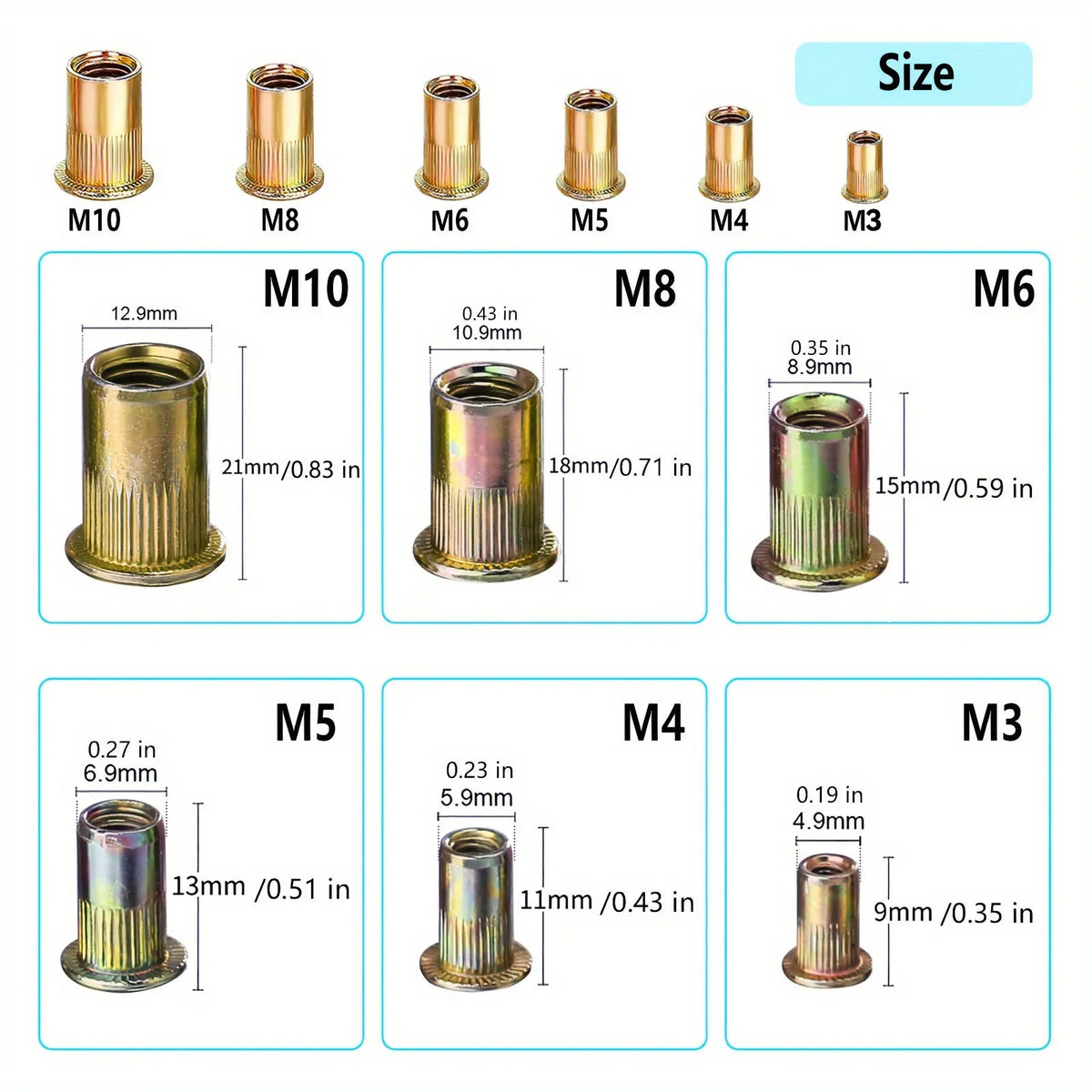 A set of various metric size M10 through M3 manual riveting tools shown with corresponding sizes and dimensions.