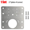 A set of stainless steel cabinet door hinge repair plate with four screws.