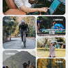 A collage showing people driving, cycling, camping, traveling, climbing, and fishing in outdoor activities.