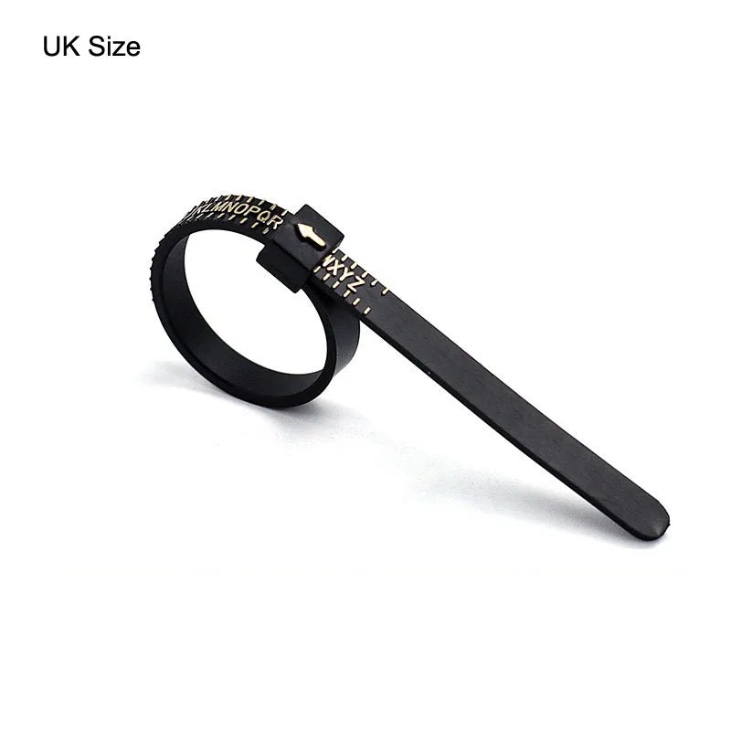 A black precision plastic ring sizer with a band and markings for jewellery measurement.