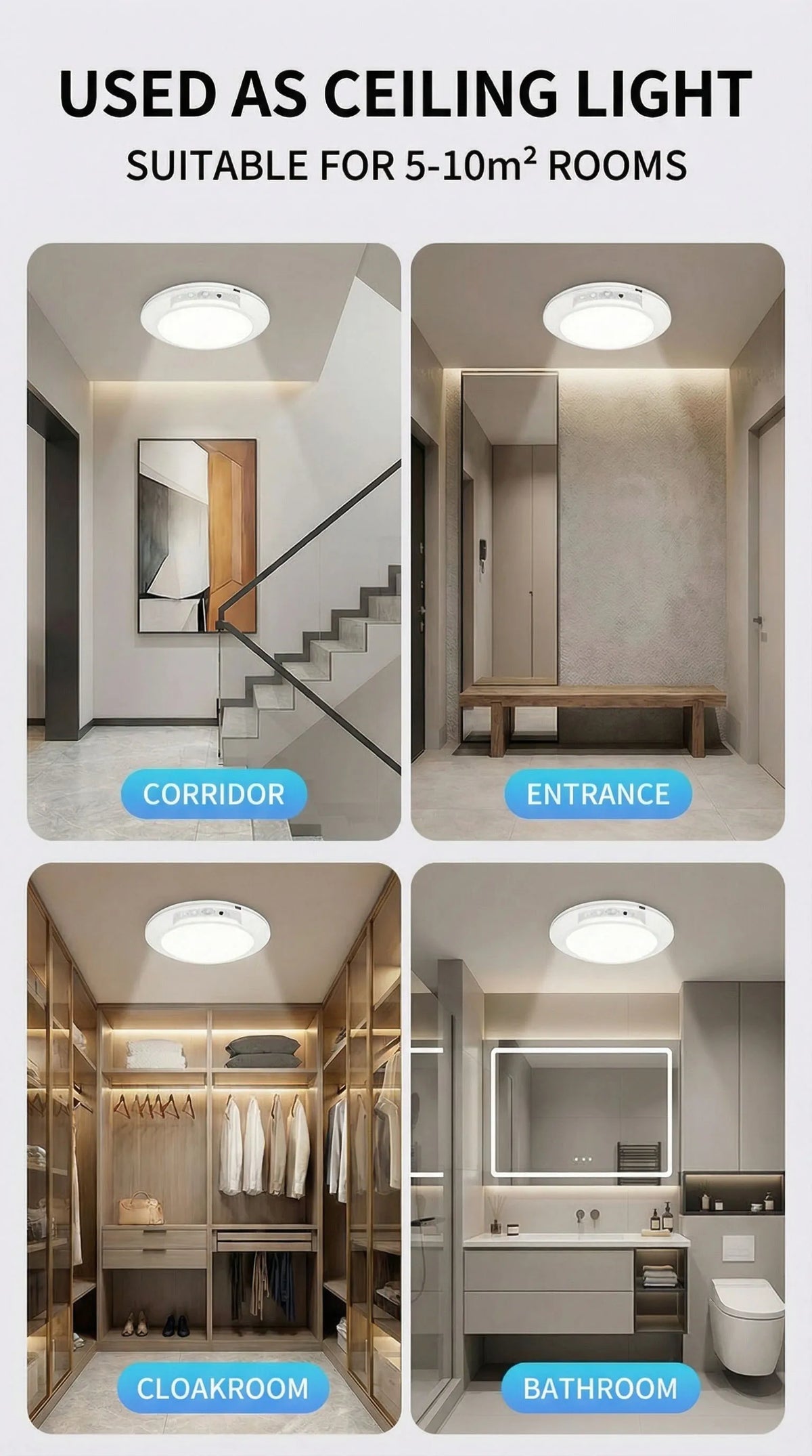 A set of modern LED ceiling lights used as lighting in various rooms including a corridor, entrance, cloakroom, and bathroom.