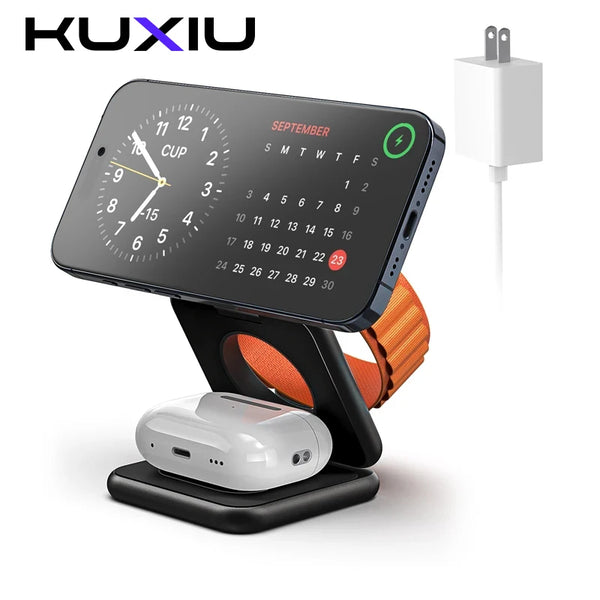 A black smartphone is placed on an orange magnetic charging stand, with a white charging adapter visible.