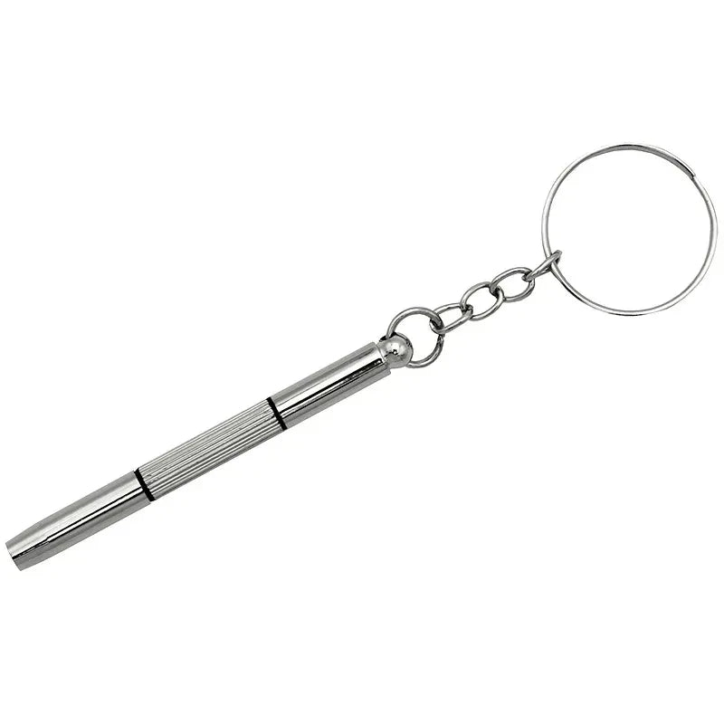 A silver precision multi-purpose screwdriver kit with a circular loop and a handle.