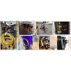A collection of heavy-duty magnetic garage hooks and related tools including yellow and black hardware.