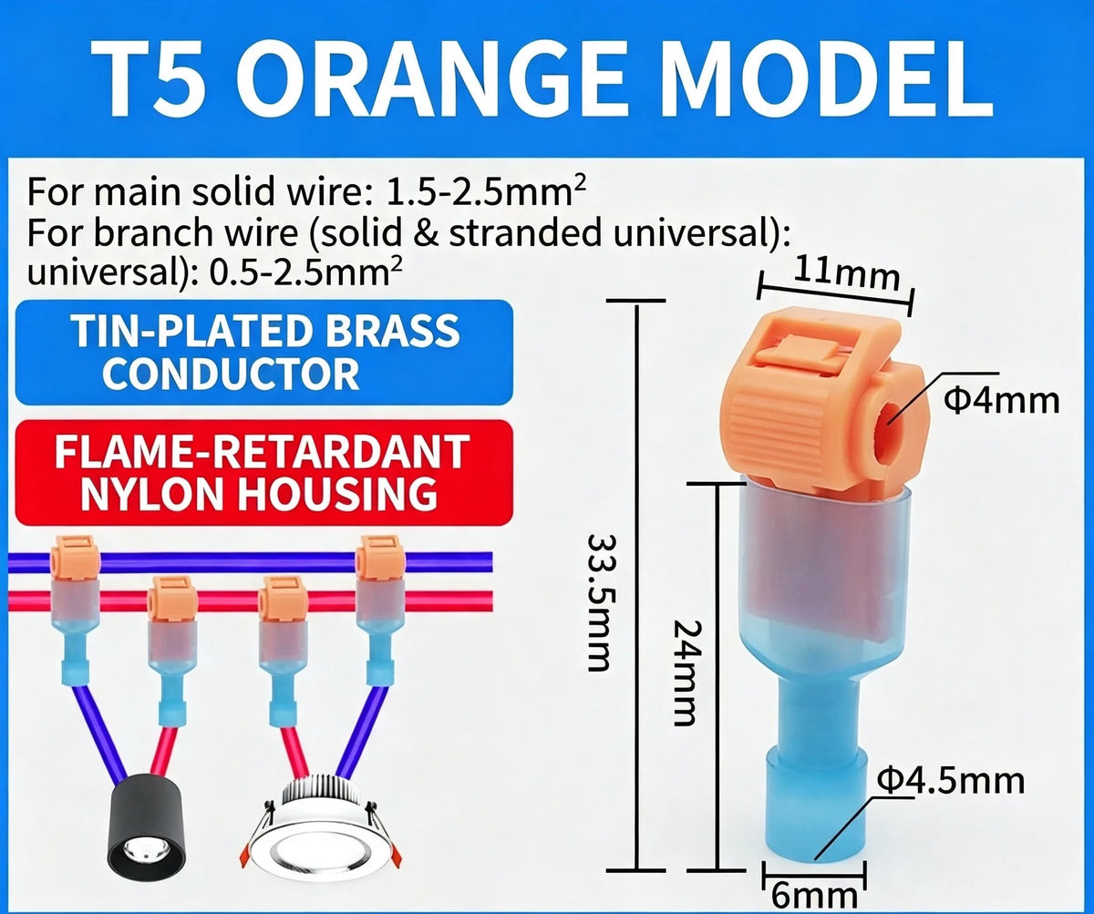 Orange model T5 wire connectors featuring tin-plated brass conductors and flame-retardant nylon housing.