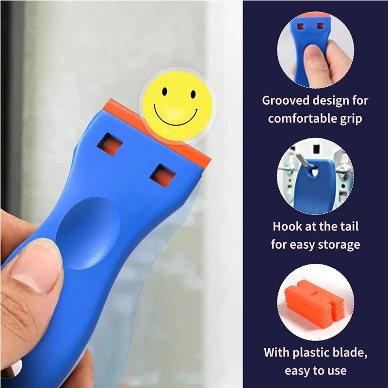 Blue precision plastic scraper tool with a grooved grip, hook at the tail for storage, and a plastic blade.
