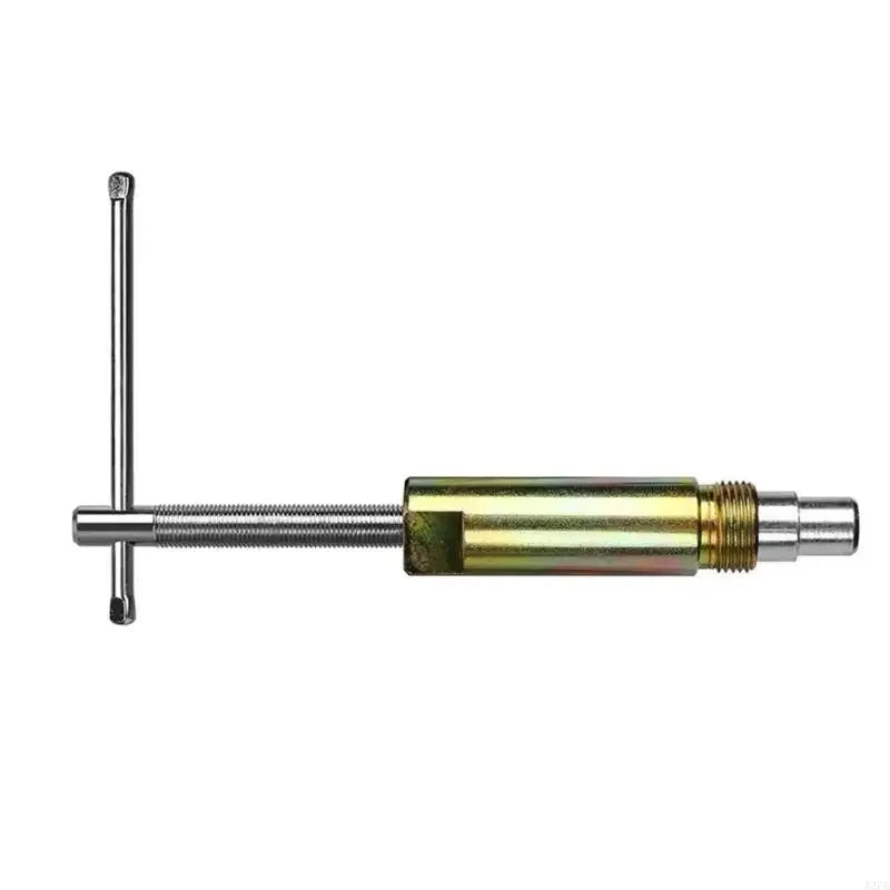 A metallic compression sleeve puller tool with a long rod and a threaded end.
