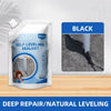 A white container of self-leveling sealant is shown next to a black swatch demonstrating deep repair and natural leveling.