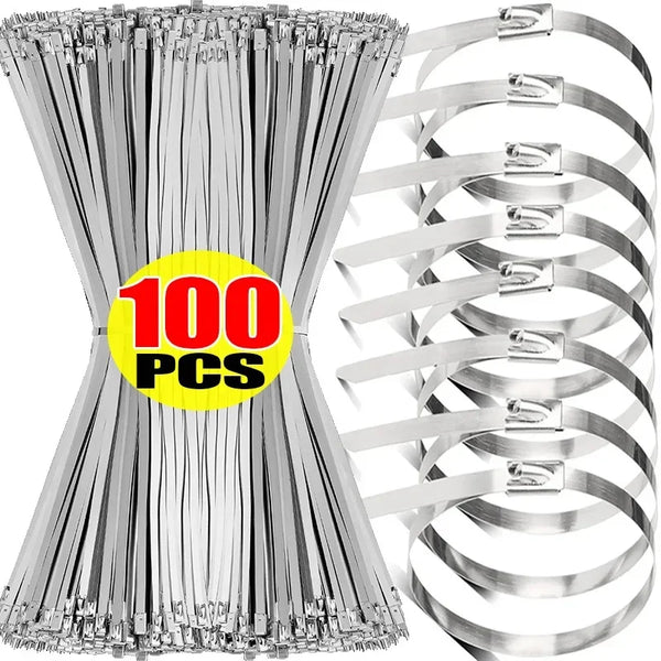 A bundle of 100 heavy-duty self-locking stainless steel cable ties, shown alongside a coiled display.