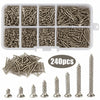 A set of 240 self-tapping wood screws in various sizes and finishes, including a tray and loose screws.