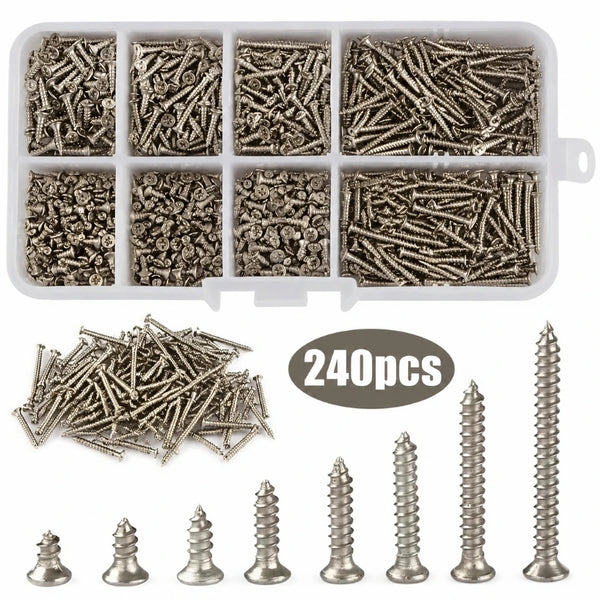 A set of 240 self-tapping wood screws in various sizes and finishes, including a tray and loose screws.