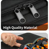 Close-up of a black tool organizer bag showing a silver zipper and an orange elastic restraint belt.